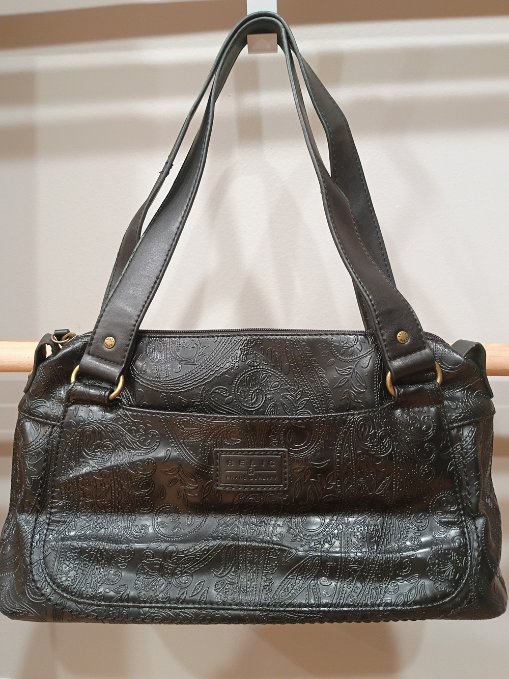 Relic Embossed Black Leather Shoulder Bag